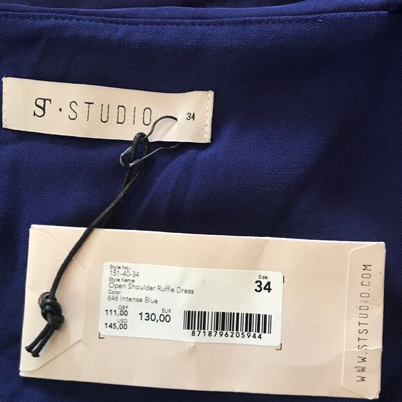 ST Studio Woman's Blue Mini Open Shoulder Ruffle Dress Size 34 (S) - Picture 12 of 14